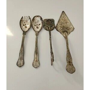 INTERPUR SILVER PLATED EMBOSSED SALAD SET Pie server Tongs HONG KONG Vintage